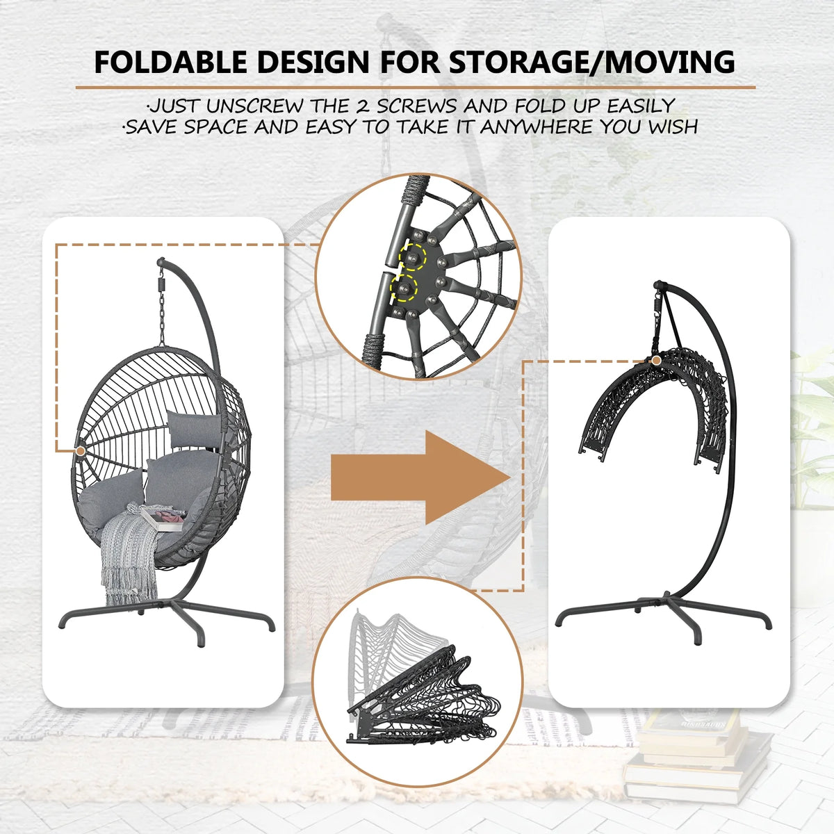 Indoor Outdoor Swing Egg Chair with Stand, Patio Foldable Grey Wicker Rattan Hanging Chair with Cushion, Light Gray