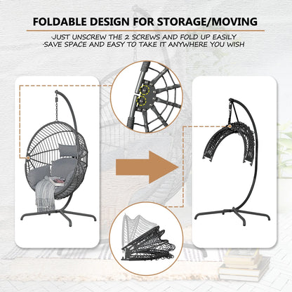 Indoor Outdoor Swing Egg Chair with Stand, Patio Foldable Grey Wicker Rattan Hanging Chair with Cushion, Light Gray