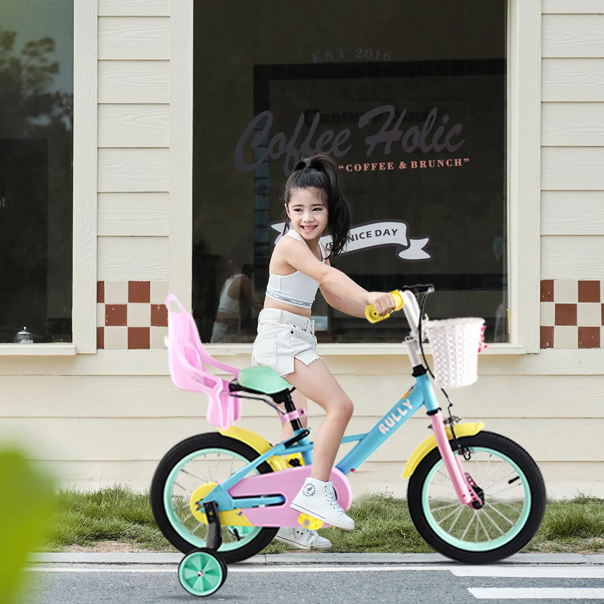 RULLY 14" Kids Bike for 3 4 5 Years Girls 35-47 inch Tall, Girls Toddler Bicycle with Training Wheels, Doll Bike Seat & Coaster Brake, Rainbow Bike, Macarons