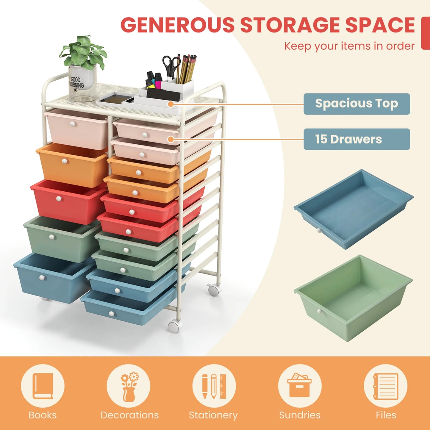 Costway 15 Drawer Rolling Storage Cart Tools Scrapbook Paper Office School Organizer White