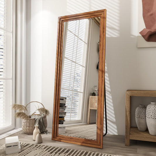 BEAUTYPEAK 64"x21" Full Length Mirror with Stand Solid Wooden Framed Floor Mirror Full Body Mirror,Retro White