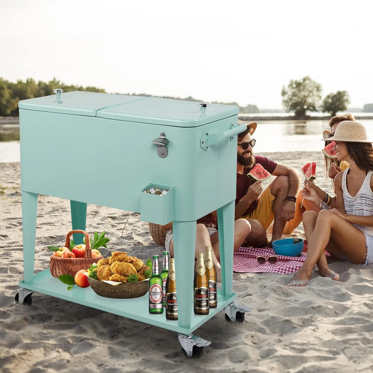 80 Quart Rolling Ice Chest, Portable Bar Drink Cooler with Catch Basin, Bottom Storage Tray and Bottle Opener for Patio Party BBQ Beach Activities