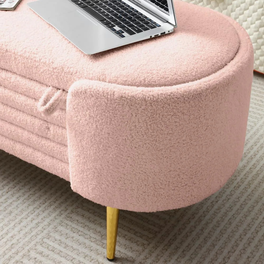 Sumdeal 43.5" Storage Ottoman Bench with 250lb Seating, Linen Upholstered Wood Legs Safety Hinge Flip Top Oval Foot Rest Long Stool for Sofa Couch Bedroom End of Bed Living Room Entryway, White
