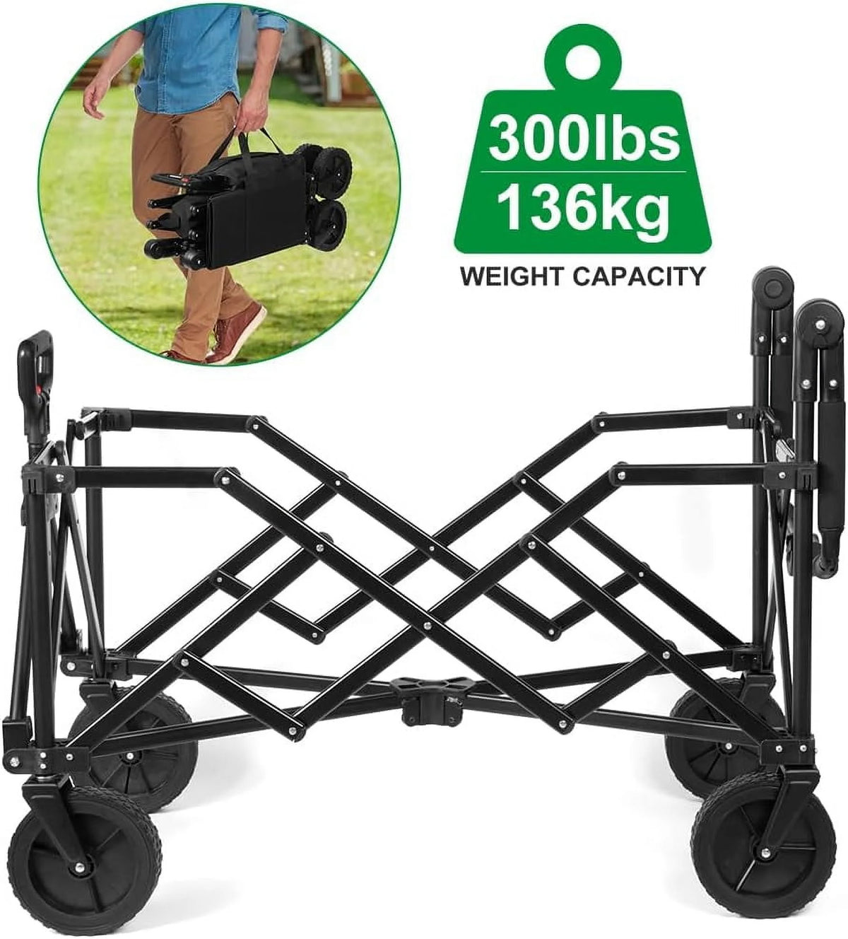 BEAU JARDIN Collapsible Folding Wagon Utility Beach Wagon Cart Foldable Heavy Duty All Terrain Camping Grocery Push Wagon for Sports Garden Shopping Black
