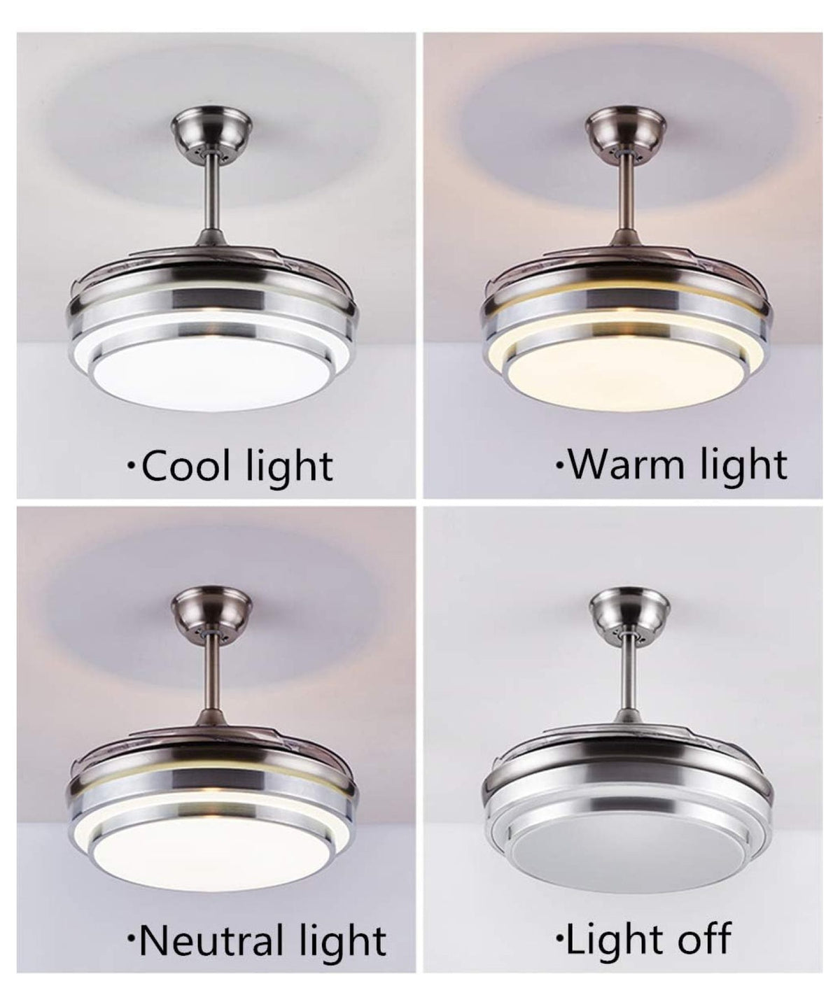 XylehR 42" Modern Ceiling Light with Fans Control, 4 Retractable Blades with 3 Light Color Change Ceiling Fan for Living Bedroom Restaurant, Silver Color with Silent Motor (42In-1 Update)