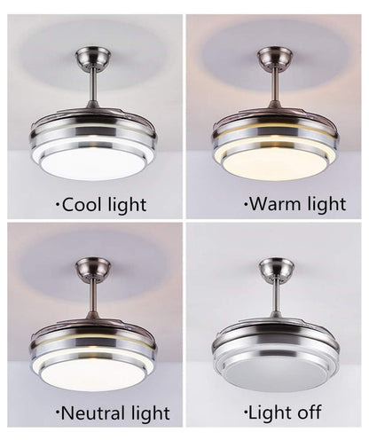 XylehR 42" Modern Ceiling Light with Fans Control, 4 Retractable Blades with 3 Light Color Change Ceiling Fan for Living Bedroom Restaurant, Silver Color with Silent Motor (42In-1 Update)