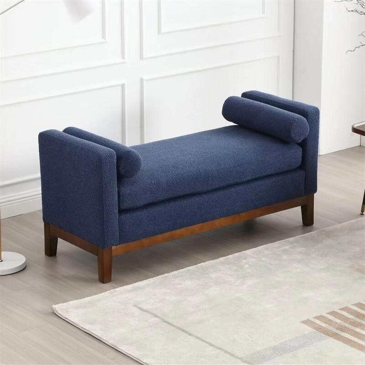 End of Bed Bench, 53.5" Boucle Fabric Upholstered Entryway Bench with Wood Legs & Bolster Pillows, Rolled Arm Cushioned Ottoman Foot Rest Long Stool Window Extra Seating for Bedroom, Ivory