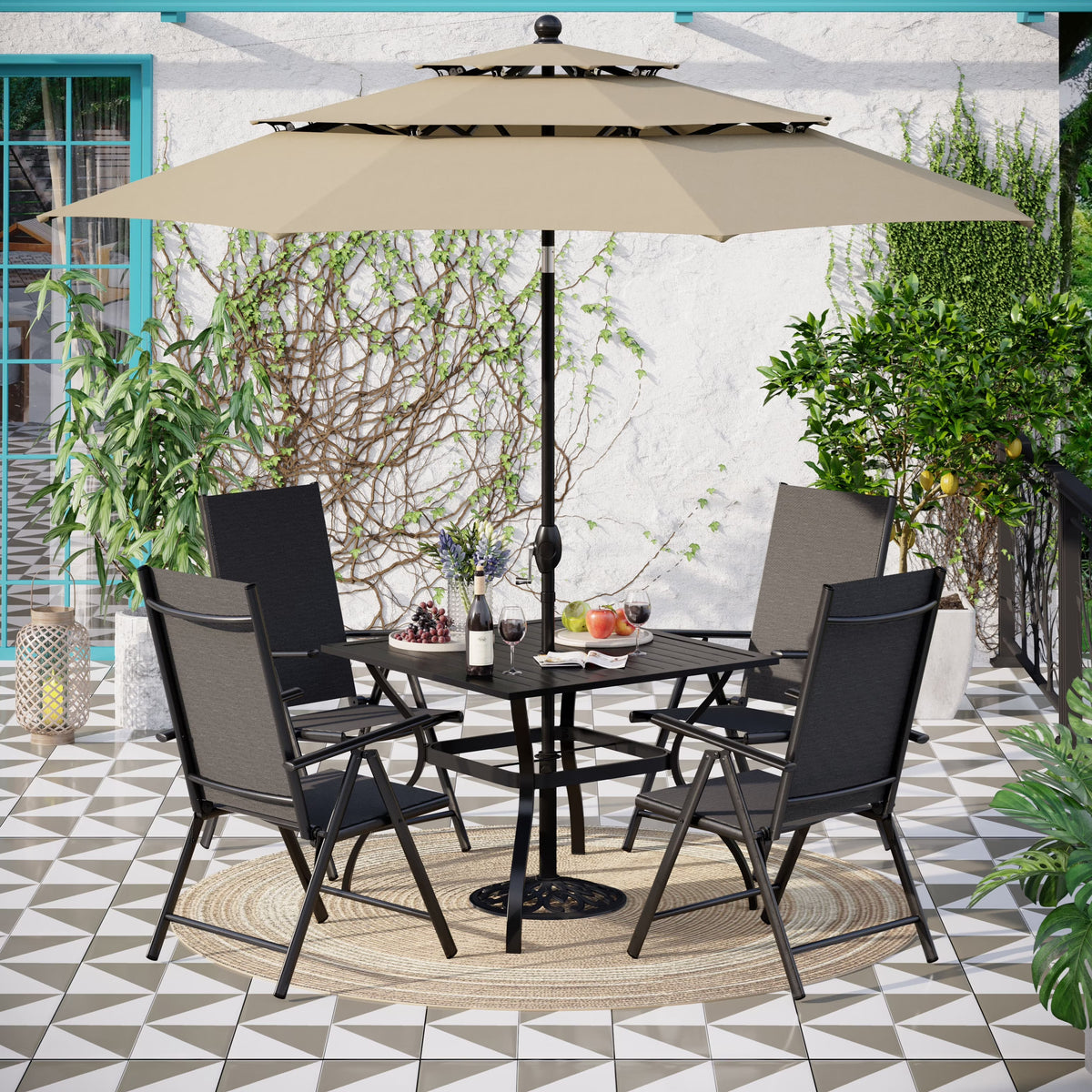 MAISON ARTS Outdoor  6-piece Patio Dining Set, 1 Square Metal table, 4 Adjustable Folding Chairs and 10ft Umbrella Red