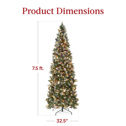 Best Choice Products 6ft Pre-Lit Partially Flocked Pencil Christmas Tree w/ 250 Lights, Pine Cones, Foldable Stand