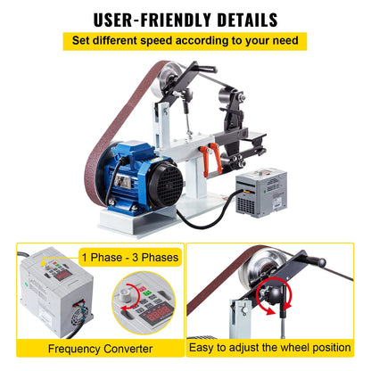 KFFKFF 1500W 2HP Metalworking Belt Sander Grinder, 2" x 82" Adjustable Speed, 3-in-1 Sander Polisher with 3 Grinding Moulds & Flat Platen Tool Rest, Ideal for Knife Crafting