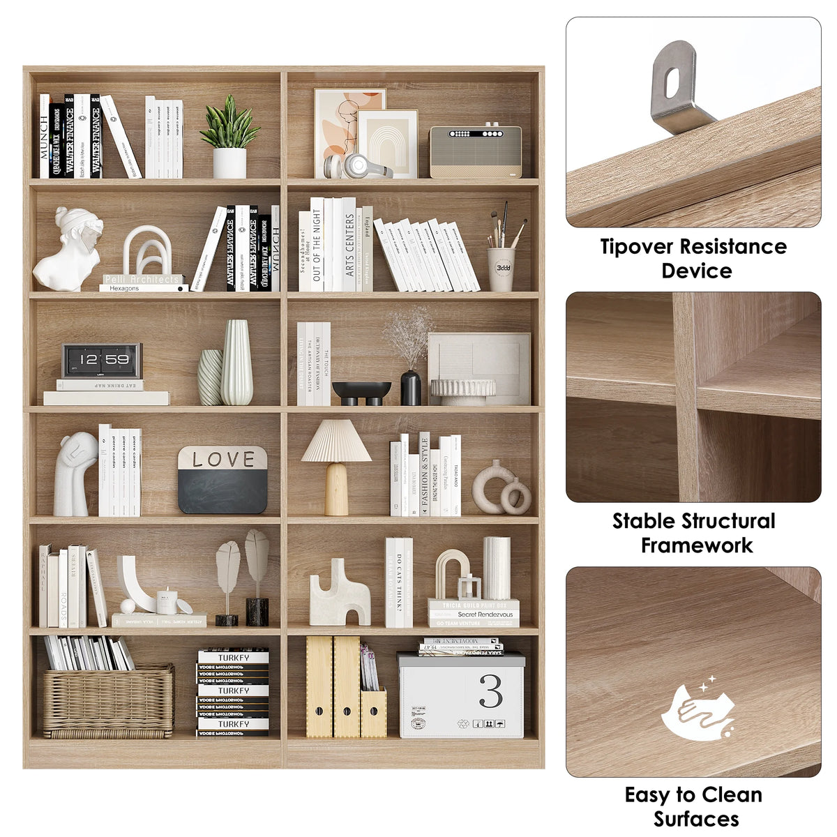 Homfa 74.3�� Double Wide 6-Tier Bookcase, Extra Large Wooden Freestanding Display Bookshelf for Home Office Living Room, White