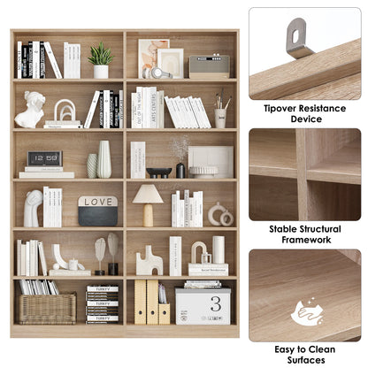 Homfa 74.3�� Double Wide 6-Tier Bookcase, Extra Large Wooden Freestanding Display Bookshelf for Home Office Living Room, White