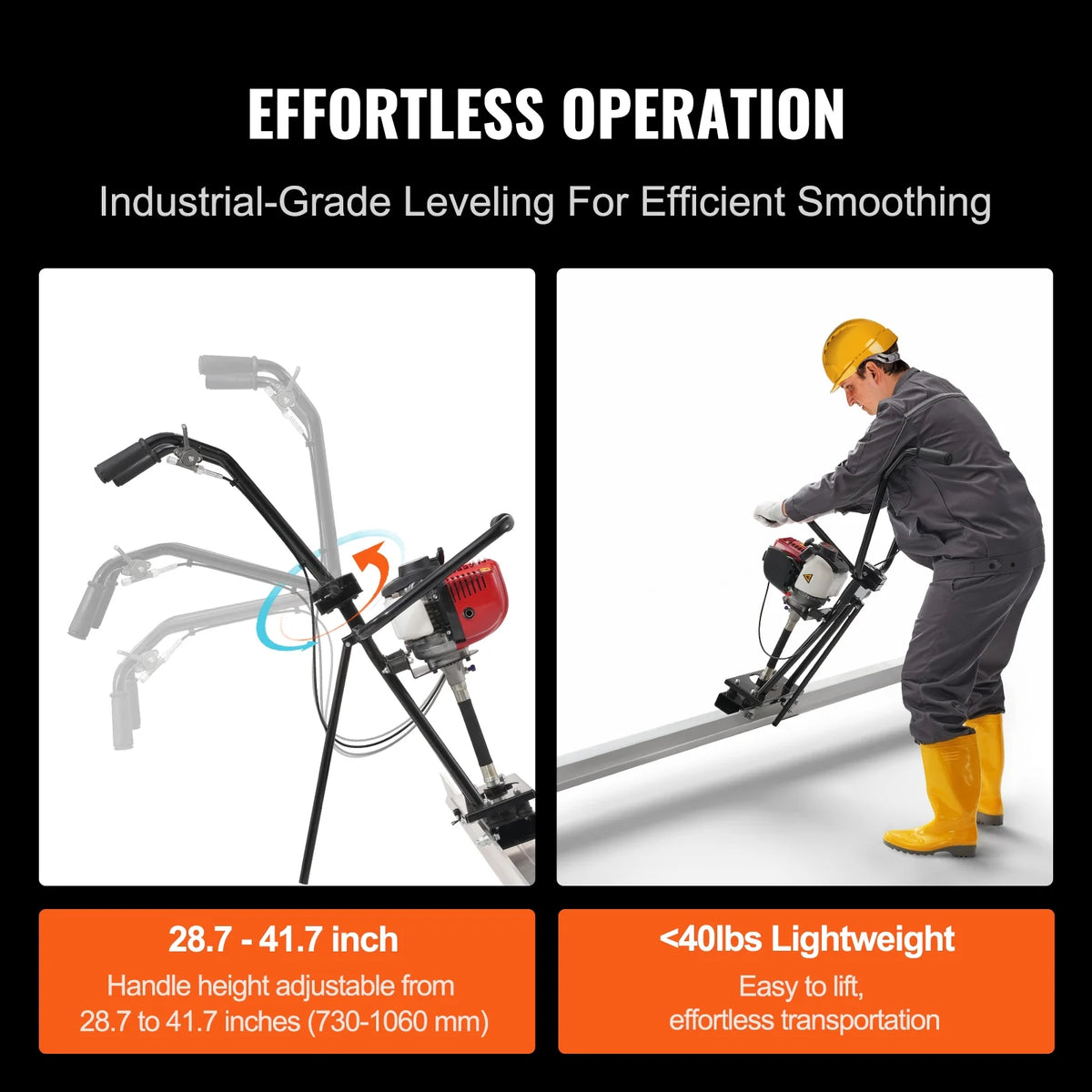 VEVOR Gas Concrete Power Screed, 8ft Aluminum Board Straight Edge Bar Set, 4 Stroke Cement Finishing Vibrating Motor with Height Adjustable Handles, High Efficient Concrete Tools 6500RPM