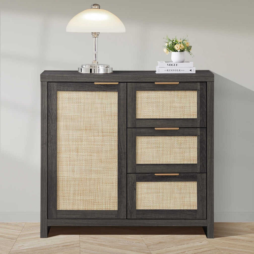 ARKANTOS Sideboards and Buffets, Boho Storage Cabinets with Rattan Doors and Drawers, Natural Oak