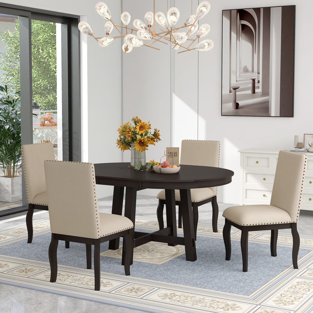 Harper & Bright Designs Round Extendable Dining Table Set for 4, 5 Piece Farmhouse Wood Dining Table Set with 4 Upholstered Dining Chairs, Natural Wood Wash