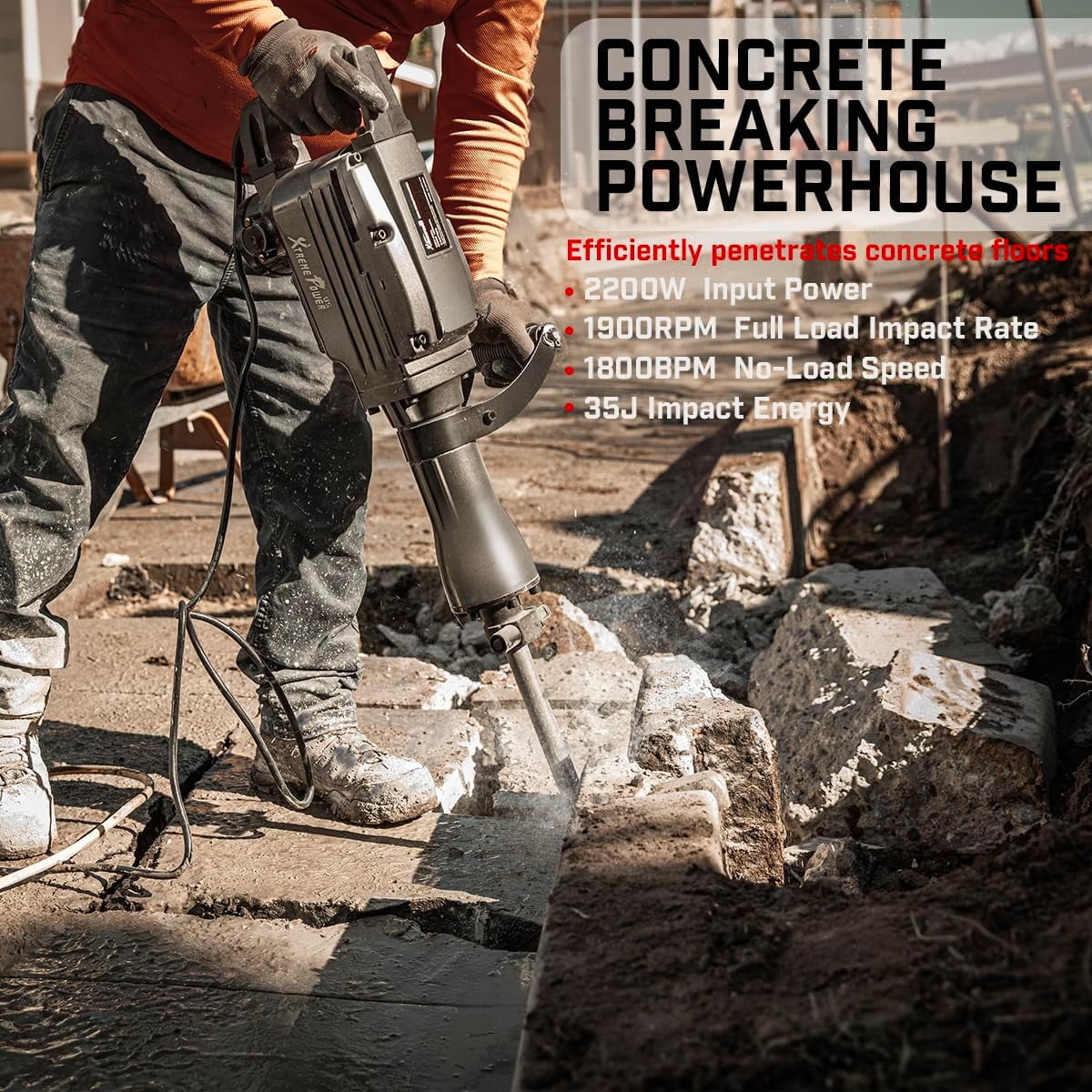 XtremepowerUS Demolition Jack Hammer Heavy Duty, 3600W Electric Jackhammer 1900BPM Power Drill Concrete Breaker Bar Point & Chisel Bits Chisel Set