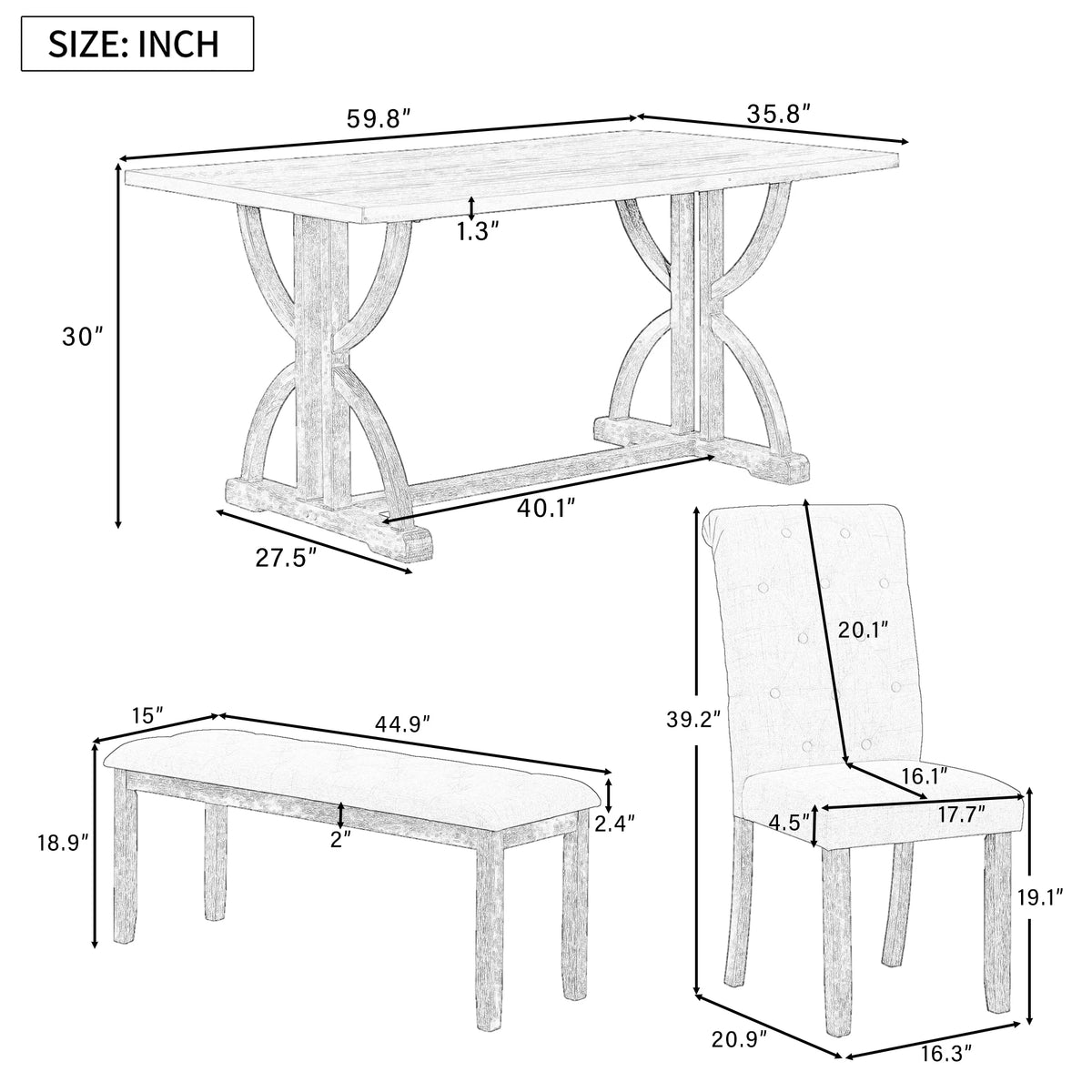 Besthome 6-Piece Retro Rectangular Dining Table Set, Table with Unique Legs and 4 Upholstered Chairs & 1 Bench for Dining Room and Kitchen (Natural Wood Wash)