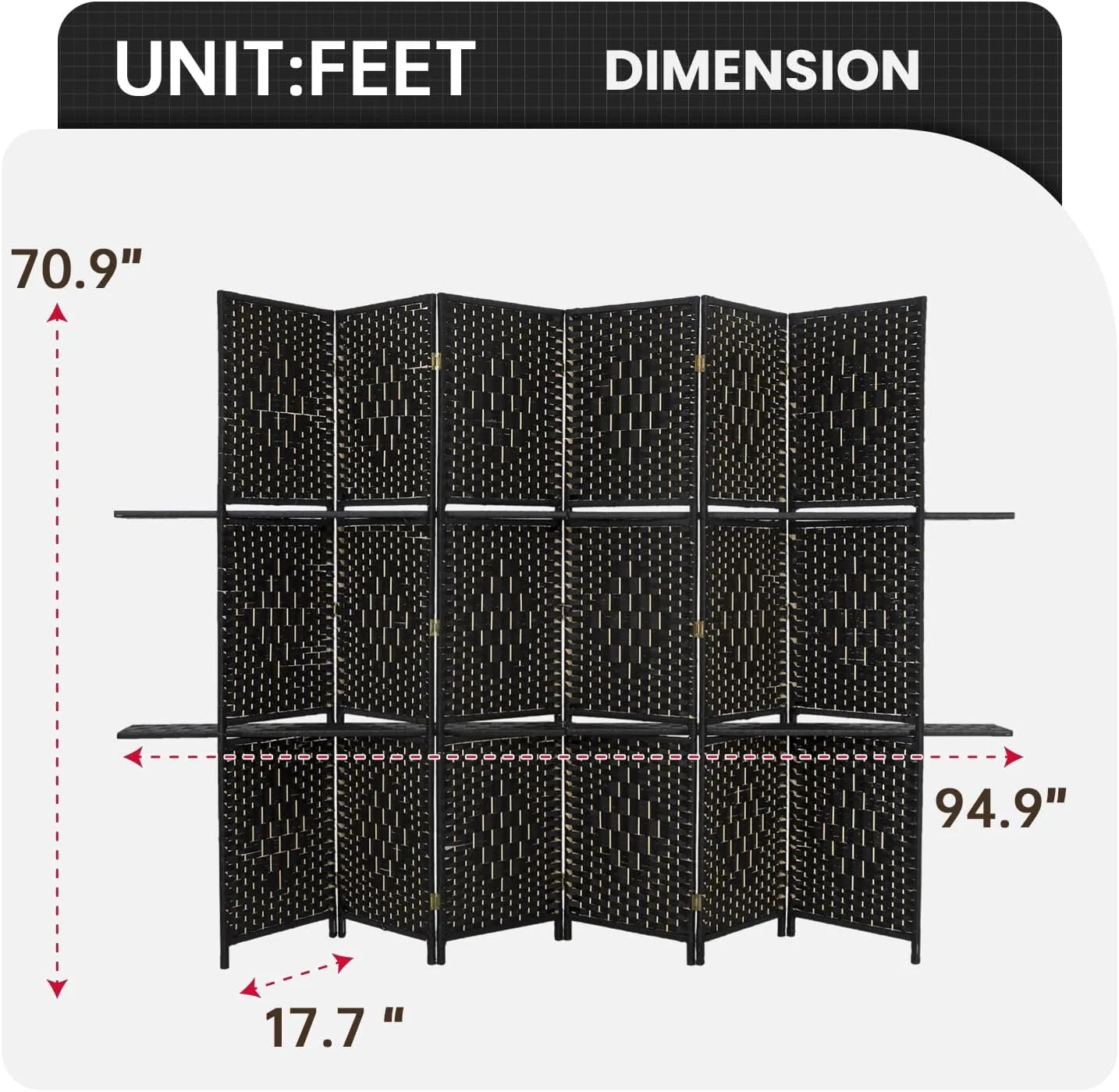 Dkelincs 6 Panel Wood Room Dividers Portable Folding Privacy Screen with Removable Storage Shelves, Brown