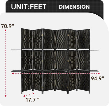 Dkelincs 6 Panel Wood Room Dividers Portable Folding Privacy Screen with Removable Storage Shelves, Brown