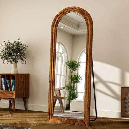 BEAUTYPEAK 21"x 64" Classic Paulownia Wood Framed Arched Full Length Mirror, Brown