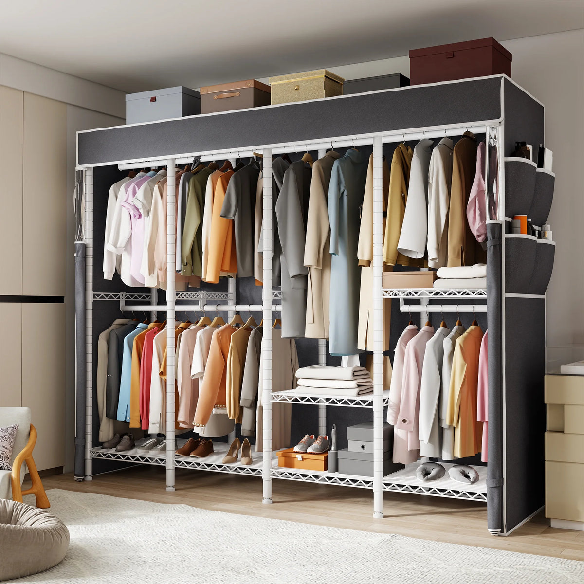 EnHomee 76"W Clothes Rack with Cover,1100LBS Heavy Duty Wardrobe Closet Organizer,Adjustable Portable Closet��Black