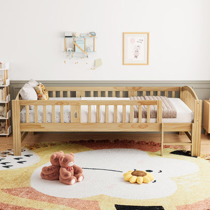 SESSLIFE Twin Size Platform Bed, Solid Wood Twin Bed Frame with Slats, Fence Guardrail Ladder, Twin Floor Bed with Strong Legs for Boys Girls, No Box Spring Needed, Holds 400 lbs, White