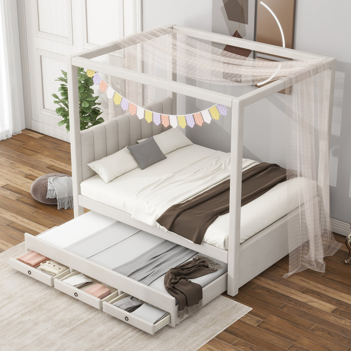 EUROCO Upholstered Full Size Canopy Bed Frame with Trundle Bed and 3 Drawers, Platform Bed with Headboard for Kids Teens Adults, Beige