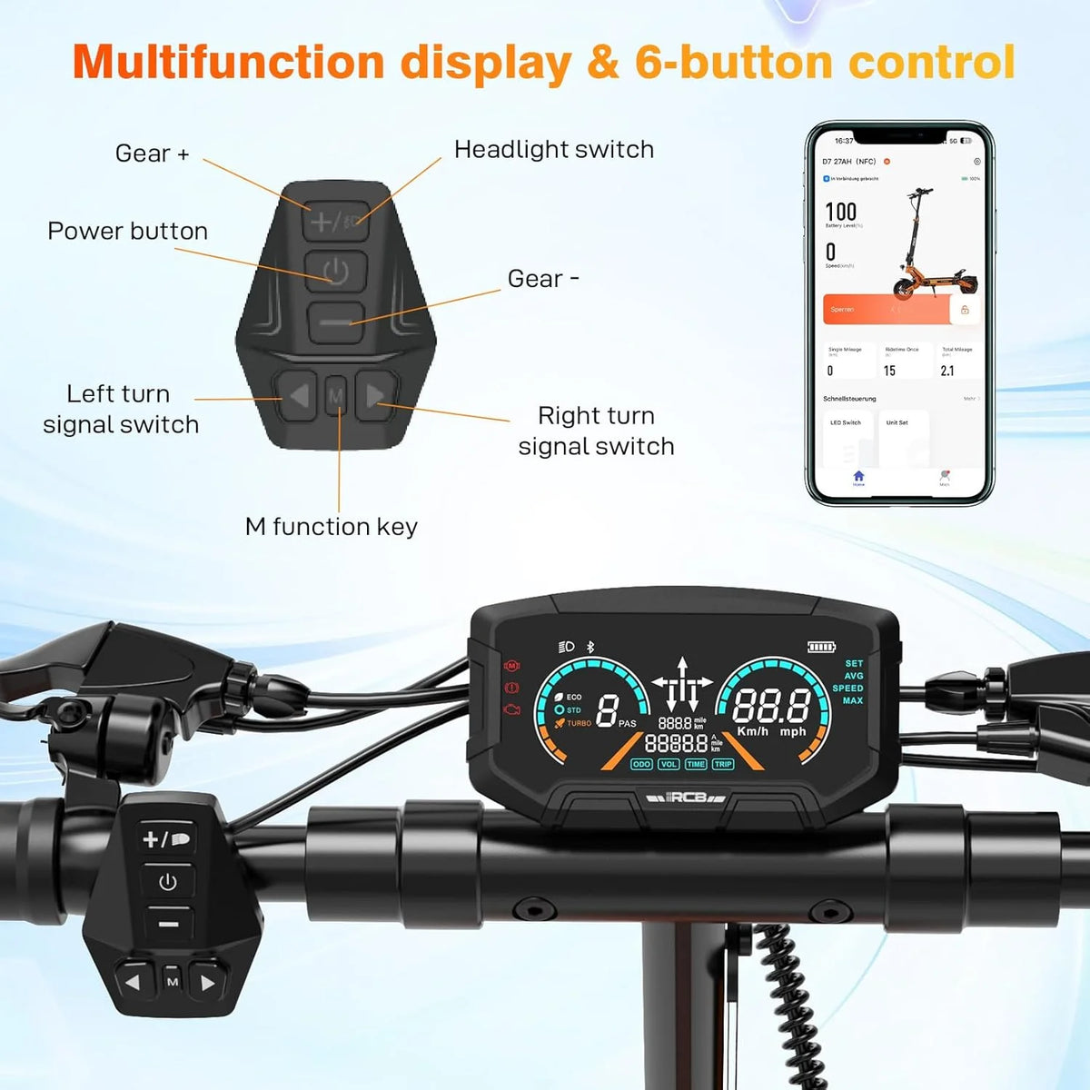 Electric Scooter for Adults, Max 70miles Range, 1000W Motor, 48V 27Ah Battery, 10" Anti-Flat Tires, Dual Shocks, APP Control&NFC - RCB D7PRO