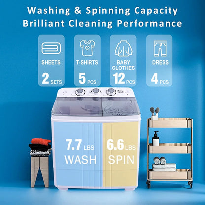 Portable Washing Machine, YOFE Compact Mini Washing Machine, Semi-automatic Washing Machine, Portable Mini Twin Tub Washing Machine for Camping Apartments, Washer(7.7lbs) /Spiner(6.6lbs), Gray, R4861