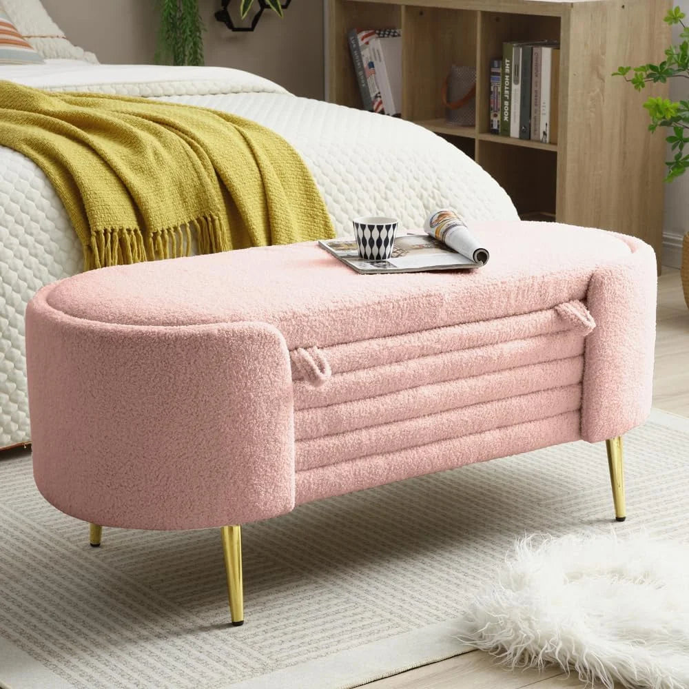 Sumdeal 43.5" Storage Ottoman Bench with 250lb Seating, Linen Upholstered Wood Legs Safety Hinge Flip Top Oval Foot Rest Long Stool for Sofa Couch Bedroom End of Bed Living Room Entryway, White