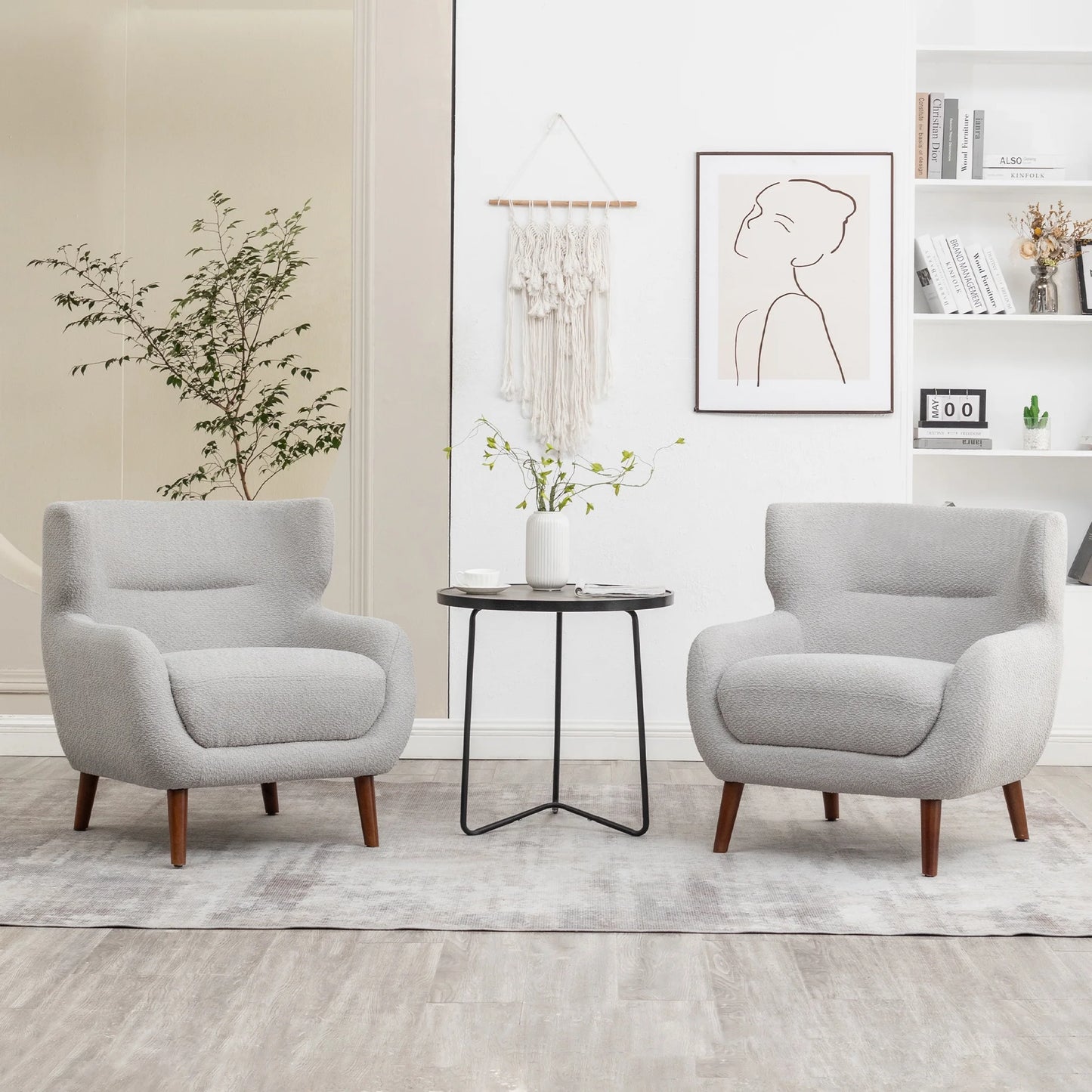 ALEAVIC White Accent Chair Upholstered Armchair with Solid Wood Legs