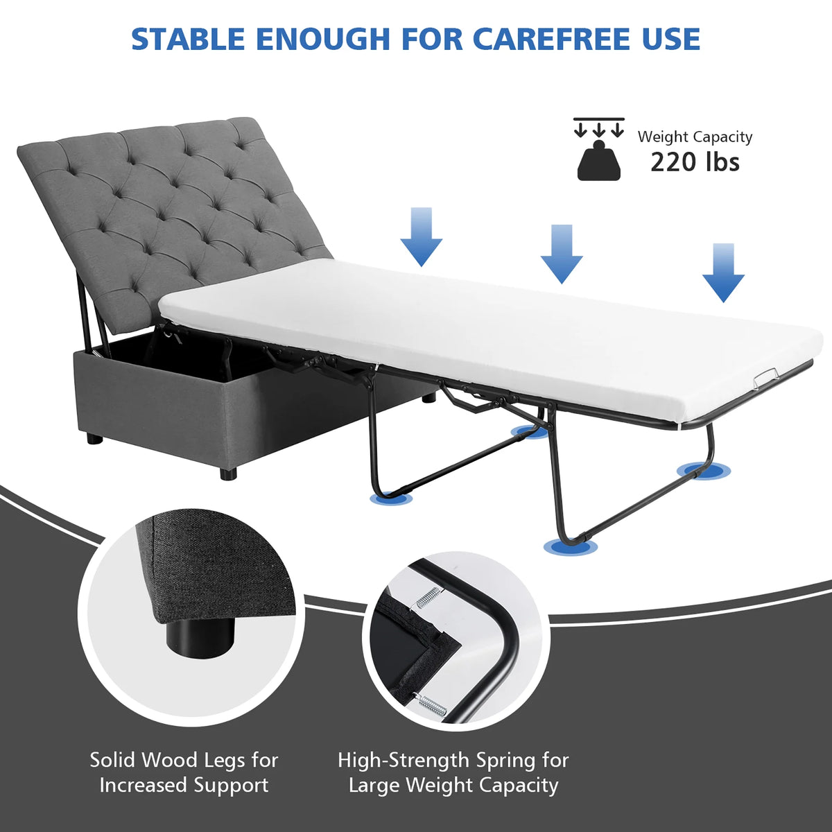 Costway Modern Solid Wood Folding Beds with Ottoman, Grey