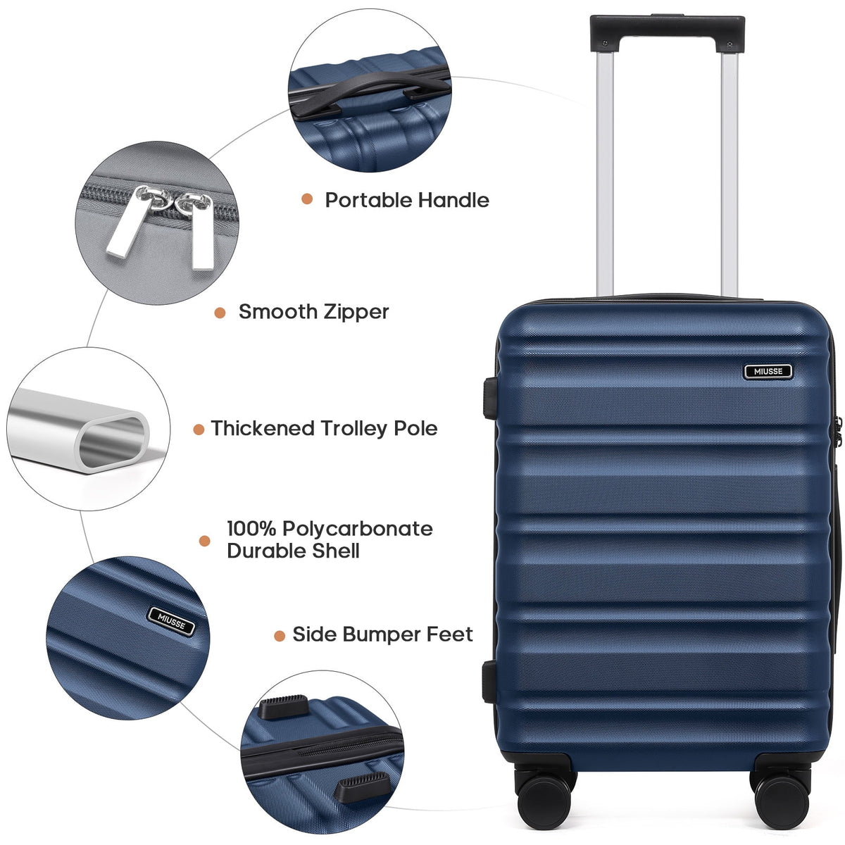 MIUSSE Luggage Sets 3 Piece, 20 Inch Carry On Luggage with Wheels, 100% PC Hardshell Suitcase with TSA Lock, Carry On Suitcases Airline Approved With Travel Backpack for Men Women