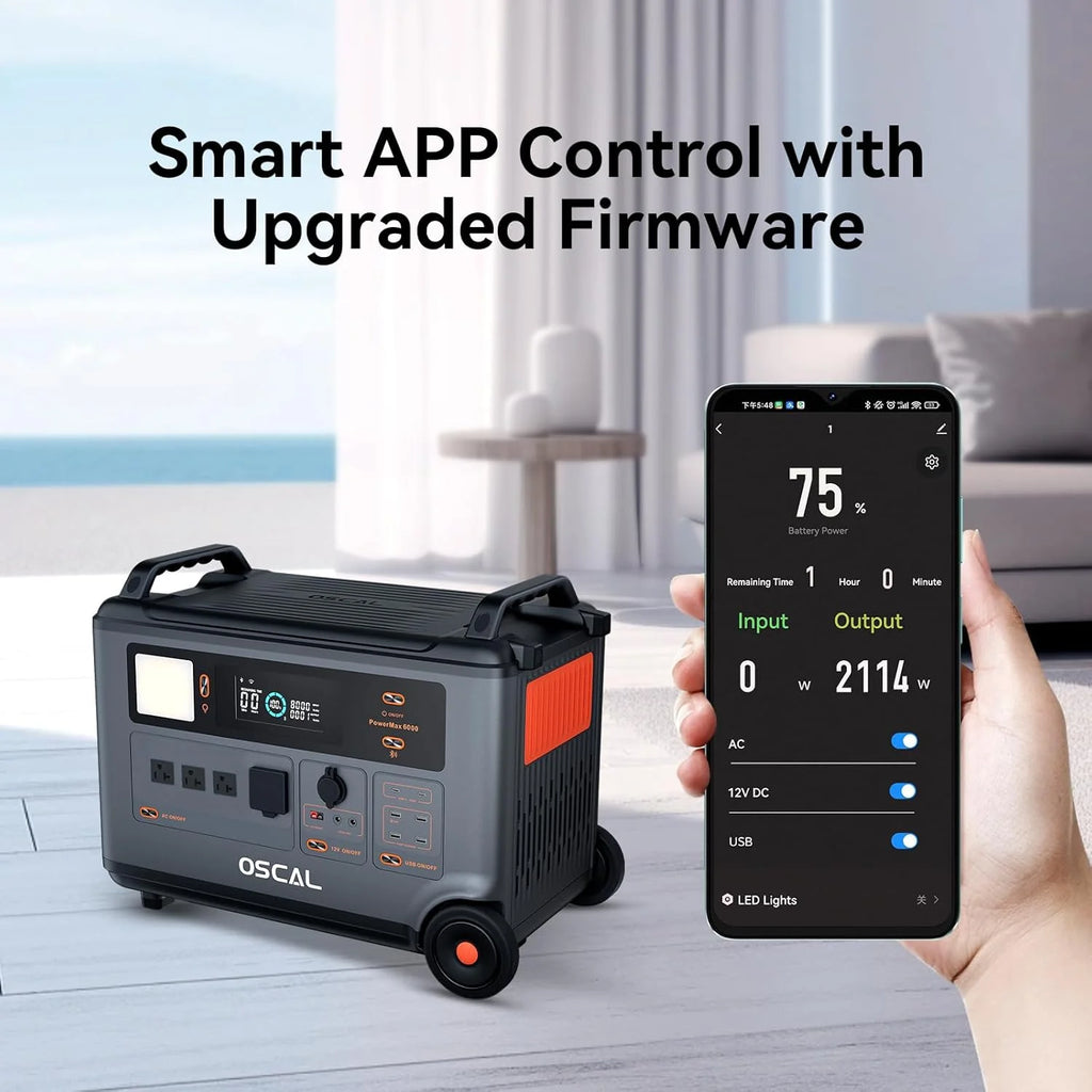 OSCAL PowerMax 6000 Portable Power Station, 3600Wh LiFePO4 Battery with 6000W Output, BP3600 Expansion Battery & 200W Solar Panels, Solar Generator for Camping, Home, Outdoor, Emergency Use
