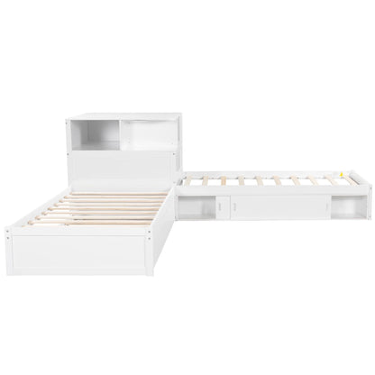 Euroco Pine Wood L-Shaped Twin Platform Bed with Storage Desk, Cabinets, Trundle and LED Light for Kids Teens, Gray