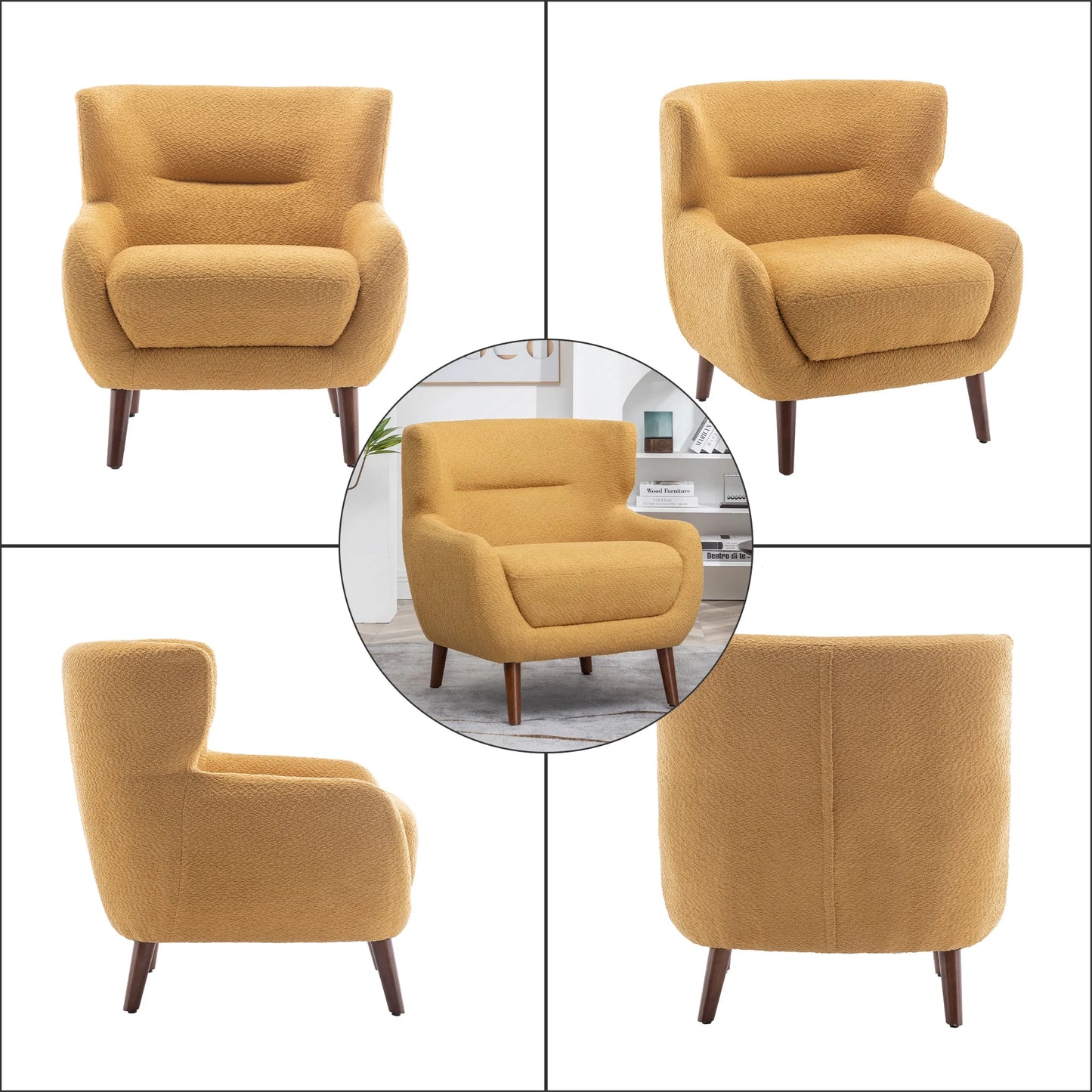 ALEAVIC White Accent Chair Upholstered Armchair with Solid Wood Legs