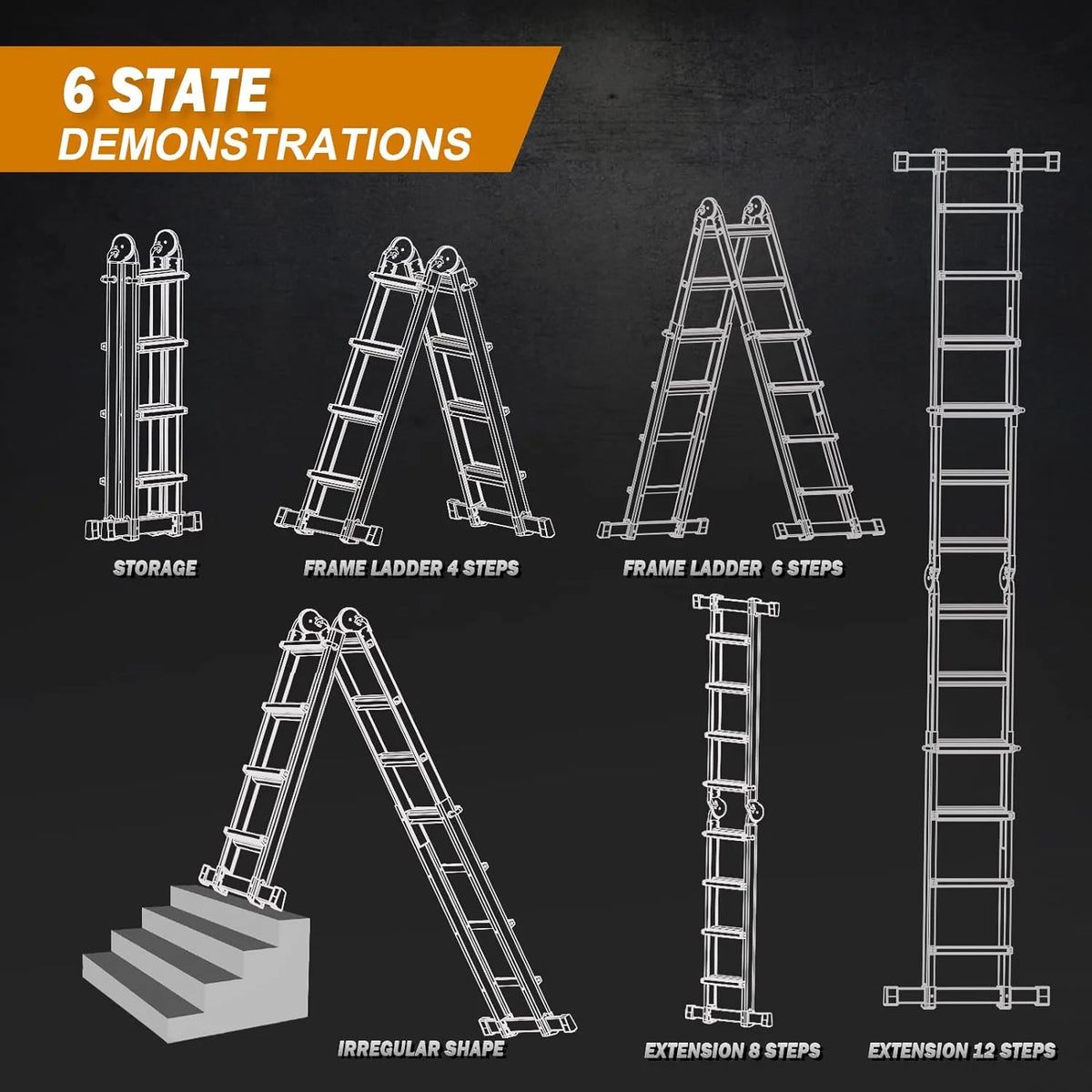 HBTower Ladder, A Frame 4 Step Extension Ladder, 14 Ft Multi Position Ladder with Removable Tool Tray and Stabilizer Bar, 330 lbs Capacity Telescoping Ladder for Household and Outdoor Work