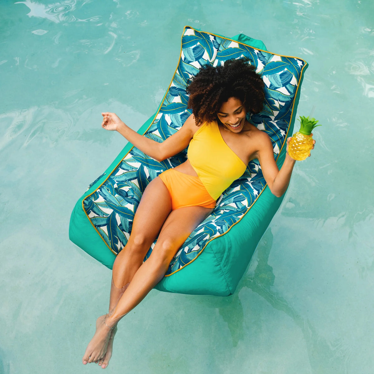 Big Joe Captain's Float No Inflation Needed Pool Lounger with Drink Holder, Tropical Hibiscus Aqua Double Sided Mesh, Quick Draining Fabric, 3 feet