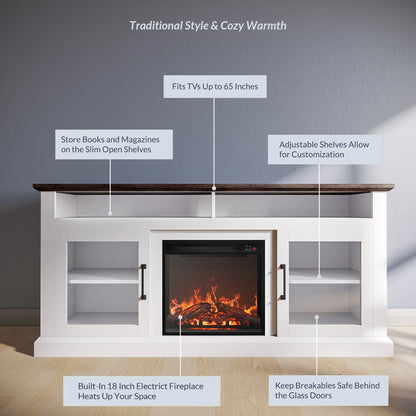 BELLEZE 60" TV Stand with 18" Electric Fireplace, Traditional TV Stand for TVs up to 65", Modern Media Entertainment Center Console Table with Open Storage Shelves & Cabinets - Cayman (Rustic Grey)