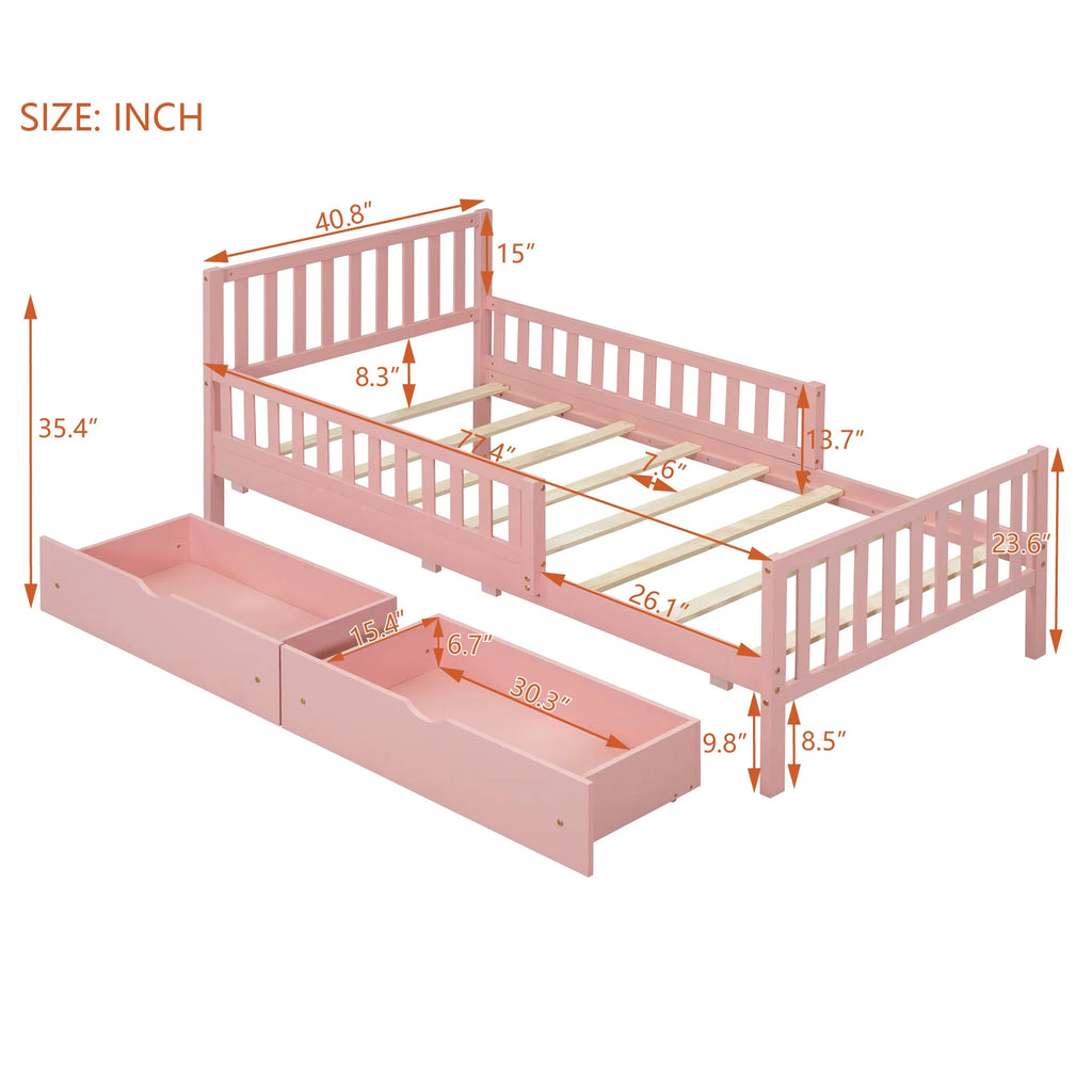 Bellemave Twin Bed with Storage Drawers and Fence Rails, Wood Platform Beds Frame with Headboard, Twin Size Storage Bed for Kids Boys Girls Teens��White)
