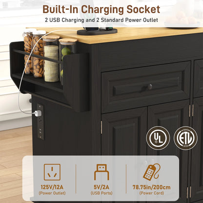 ANPOO Large Kitchen Island with Extendable Dining Table and Power Outlet, Rolling Kitchen Island Cart on Wheels with 2 Storage Cabinets & 2 Drawers & 3 Spice Racks, Island Table for Kitchen