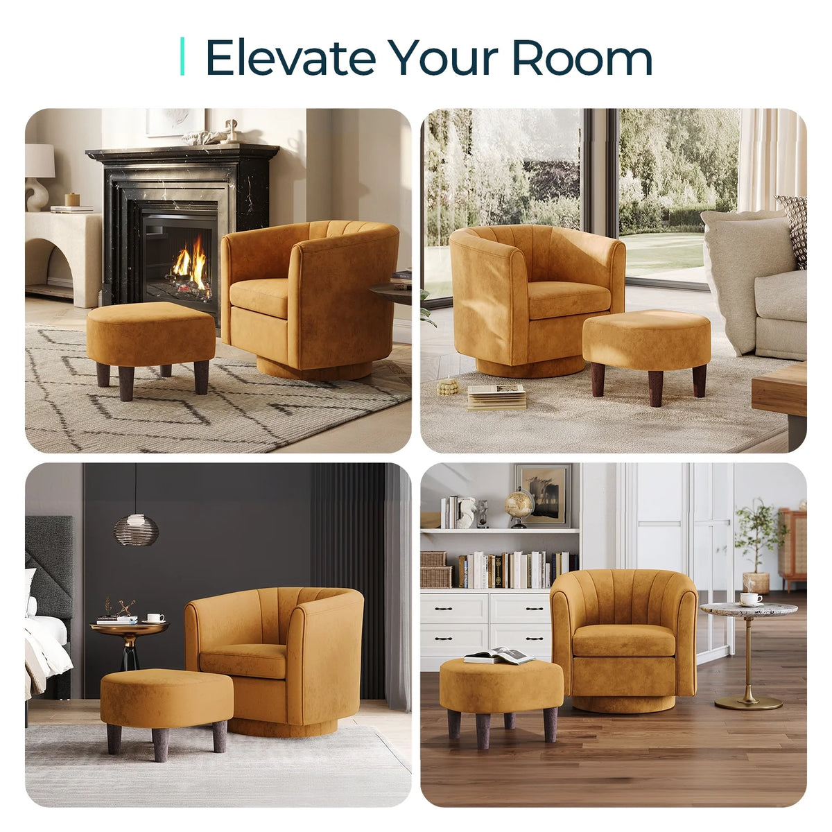 LINSY HOME Swivel Accent Chair with Ottoman, Velvet Barrel Chair for Living Room, Blue