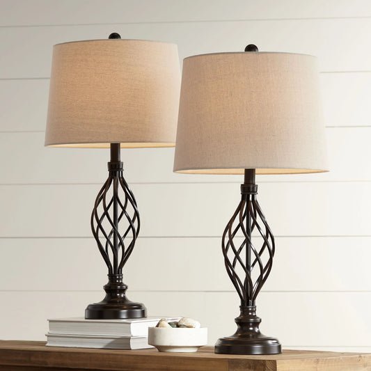Franklin Iron Works Annie Modern Industrial Table Lamps 28" Tall Set of 2 Bronze Iron Cream Tapered Drum Shade for Bedroom Living Room Nightstand