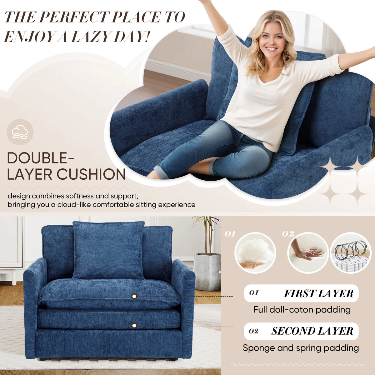 Muumblus Oversized Lounge Chair with Ottoman, Cloud Accent Armchair for Living Room, Beige Chenille
