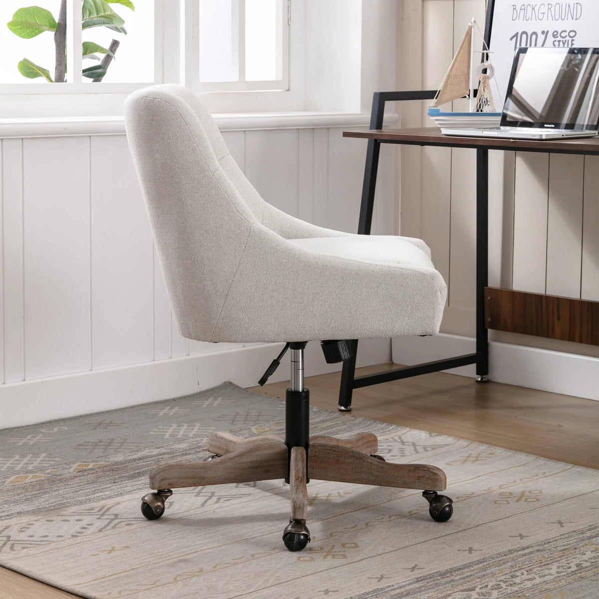 360 Degree Swivel Office Desk Chair, Upholstered Leisure Vanity Chair with Solid Wood Base and Wheels, Adjustable Height Computer Chair for Bedroom Living Room, Brown