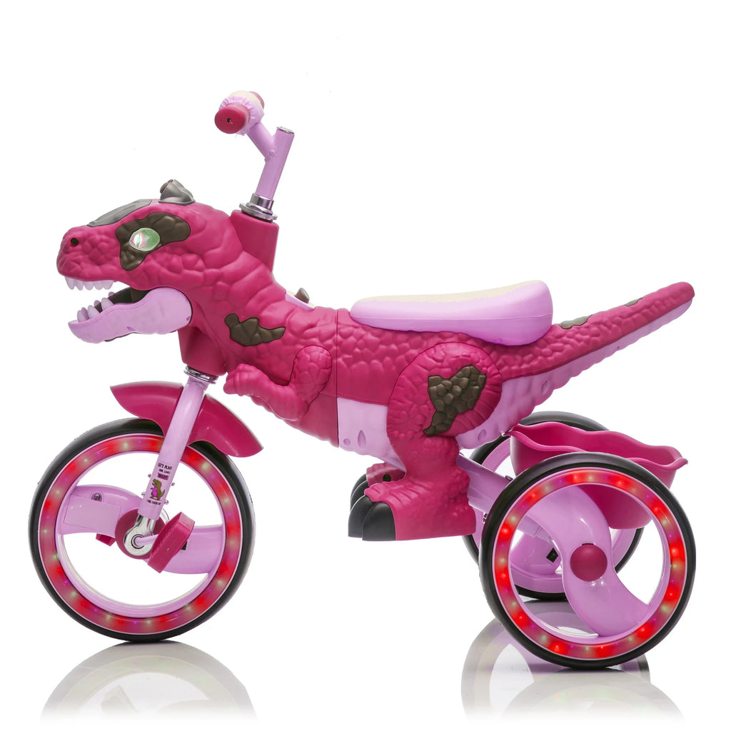 Xuanlur Kids Ride on Dinosaur Tricycle, Toddlers Kid Trike with Wide Flash Wheels, Anti-Slip Pedals, Rear Basket, Music & LED Lights, Toddler Bike Toys Gift for 3-6 Year Old Boys & Girls (Green)