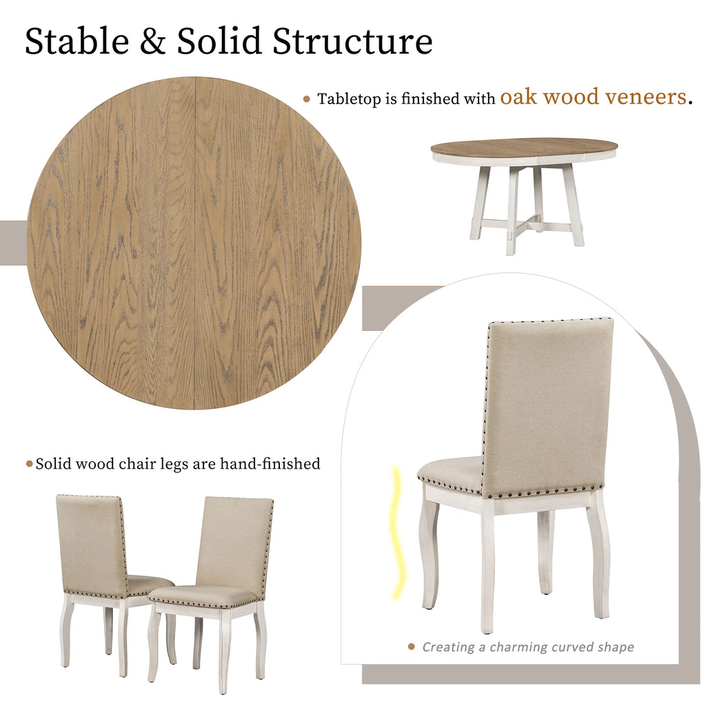 Harper & Bright Designs Round Extendable Dining Table Set for 4, 5 Piece Farmhouse Wood Dining Table Set with 4 Upholstered Dining Chairs, Natural Wood Wash