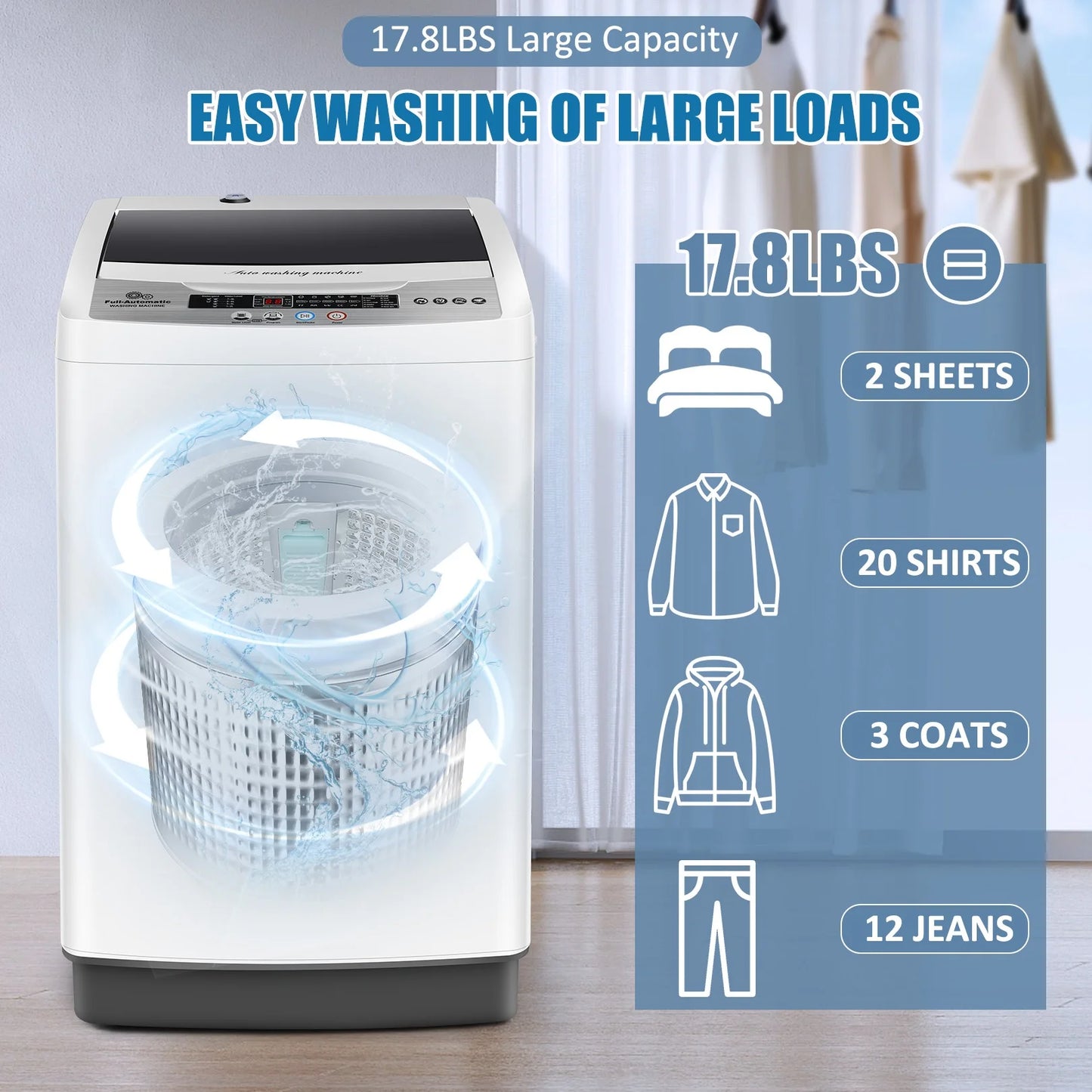 Qhomic Portable Washing Machine, 17.8lbs Large Fully-Automatic Laundry Washer, 10 Washing Programs & 8 Water Levels Selections Machine Ideal for Apartments Dorms Families