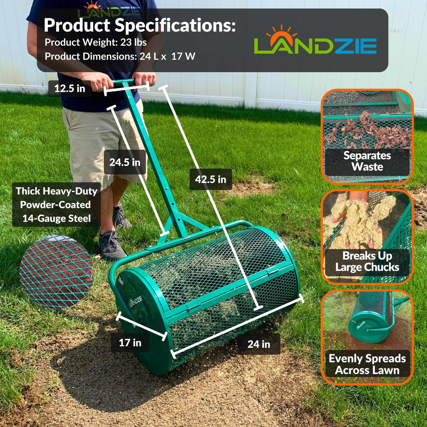 Landzie Compost Spreader 24 Inch Walk-Behind Lawn & Garden Spreader with Metal Mesh Basket