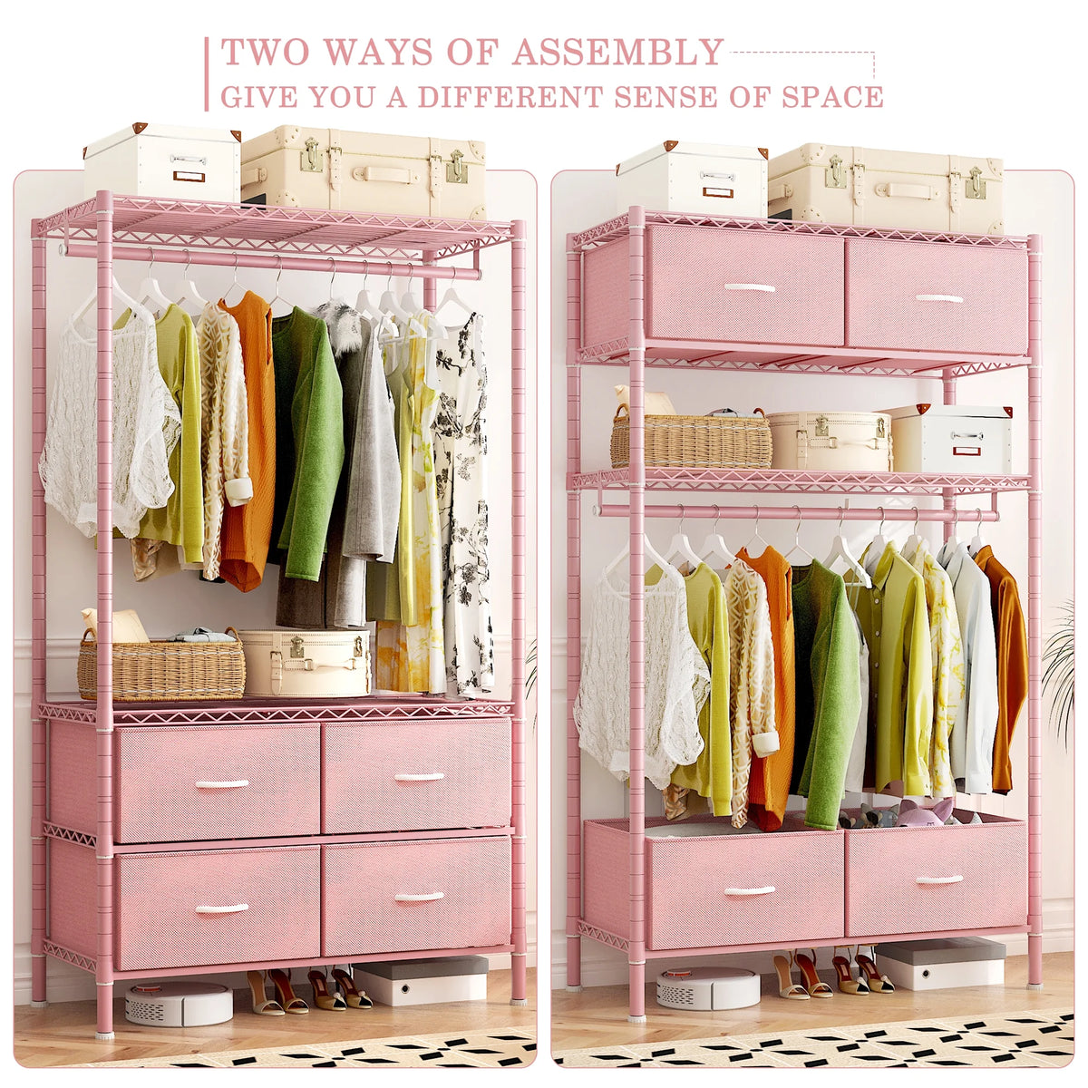 71" H Clothes Rack with Fabric Drawers, Freestanding Garment Rack with Metal Wire Shelf, Pink